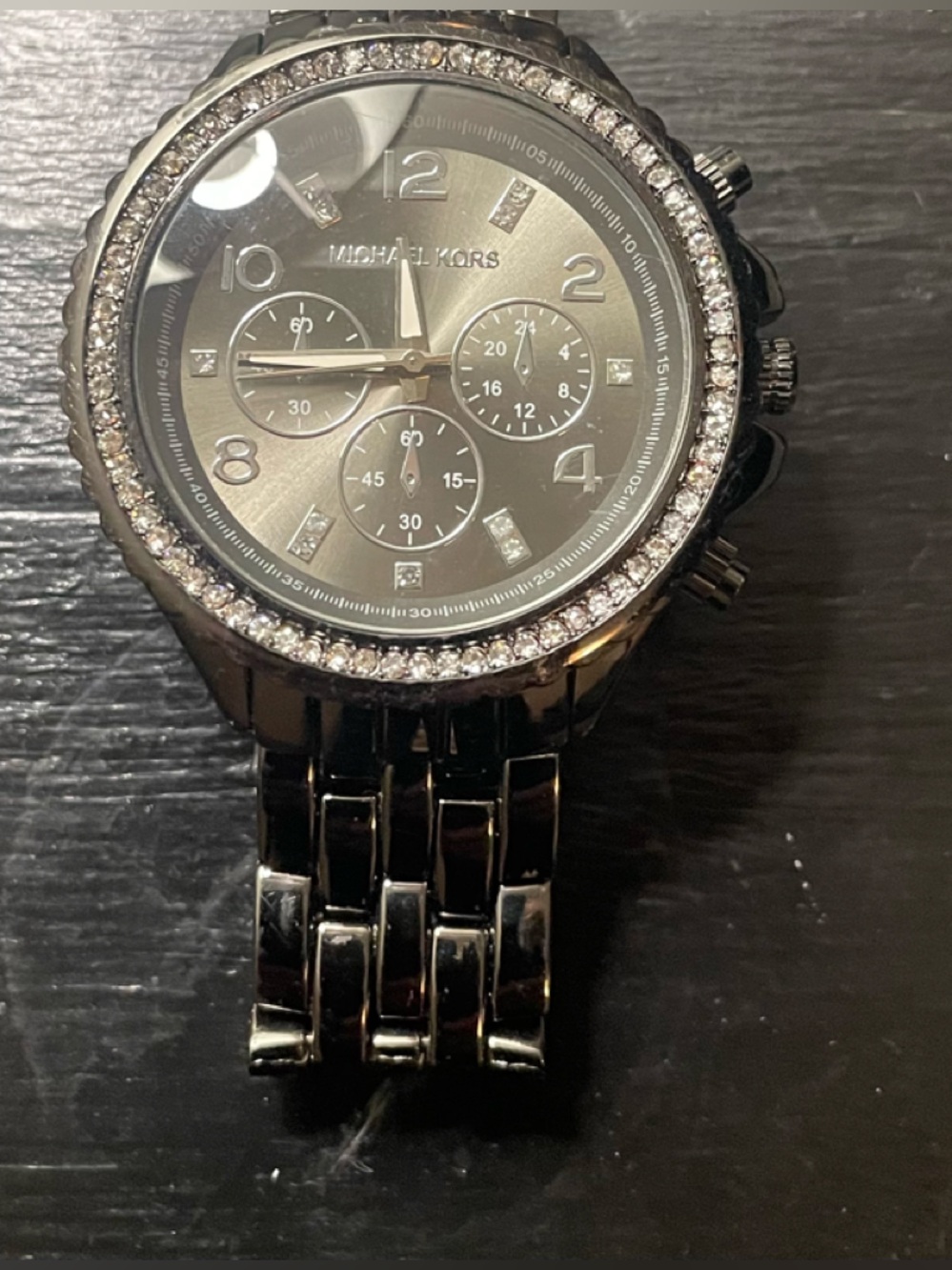 Designer Style Black and Silver Crystal Bezel Chronograph Watch